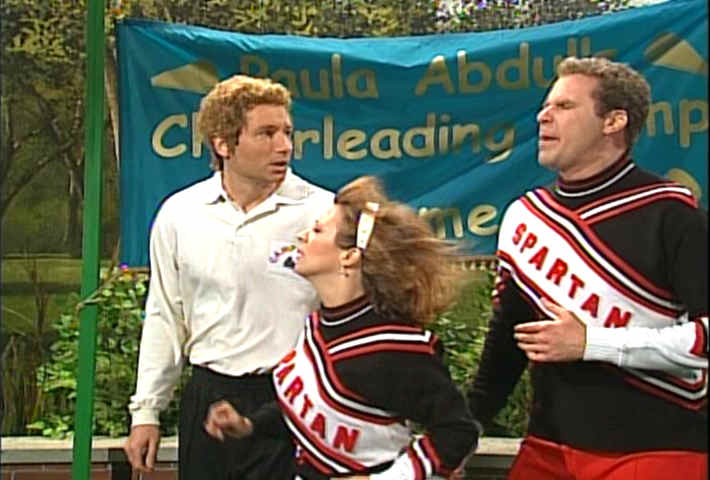 1998 image of David Duchovny, Cheri Oteri, Will Ferrell as SNL Spartan Cheerleaders