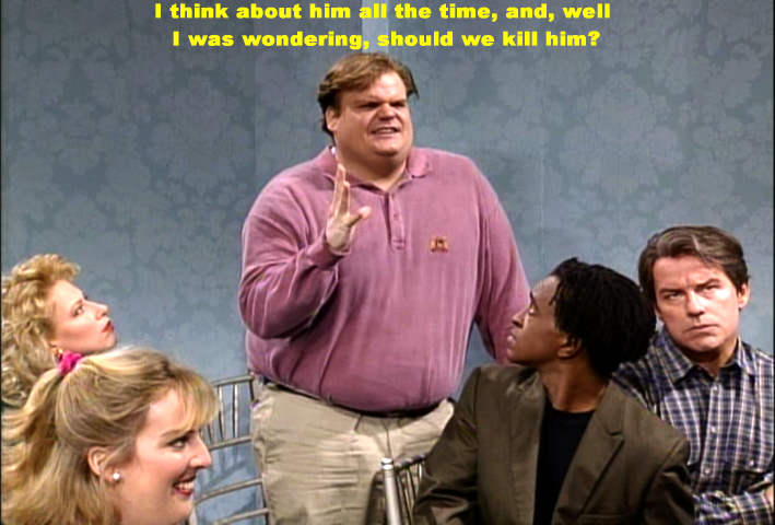 Chris Farley contemplates murdering their idol.  Note the studious look on Phil Hartman's face as he considers the merits