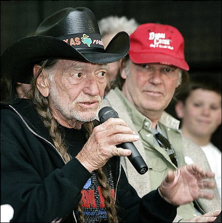 Willie Nelson and Neil Young at a Farm Aid press conference